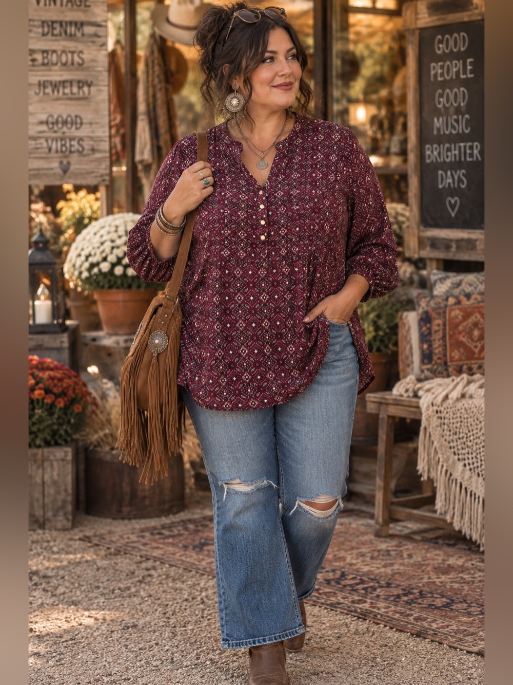 Christopher & Banks 2X Burgundy Geometric Tunic Blouse Boho Stretch Plus Size